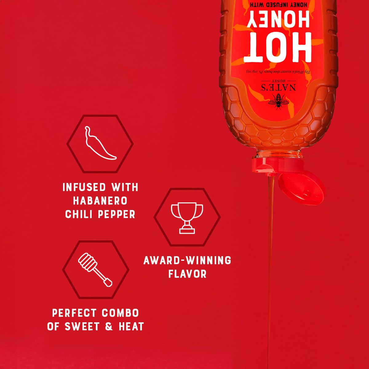 Nate's Hot Honey - 100% Pure Honey Infused with Habanero Chili Pepper Flakes, Award-winning Taste - 32 oz Squeeze Bottle