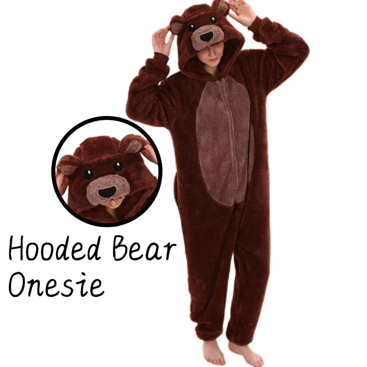 COSUSKET Snug Fit Unisex Adult Onesie Pajamas, Sherpa Bear Cosplay Animal One Piece Halloween Costume Sleepwear Homewear