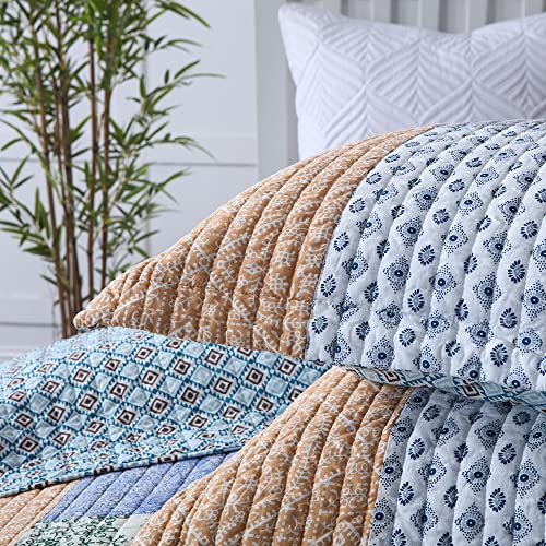 Autumn Dream Cotton Bedspread Quilt Sets Reversible Bedding Coverlet Sets Comforter, Bohemian Paisley Patchwork Blue Bedspread, Queen Size