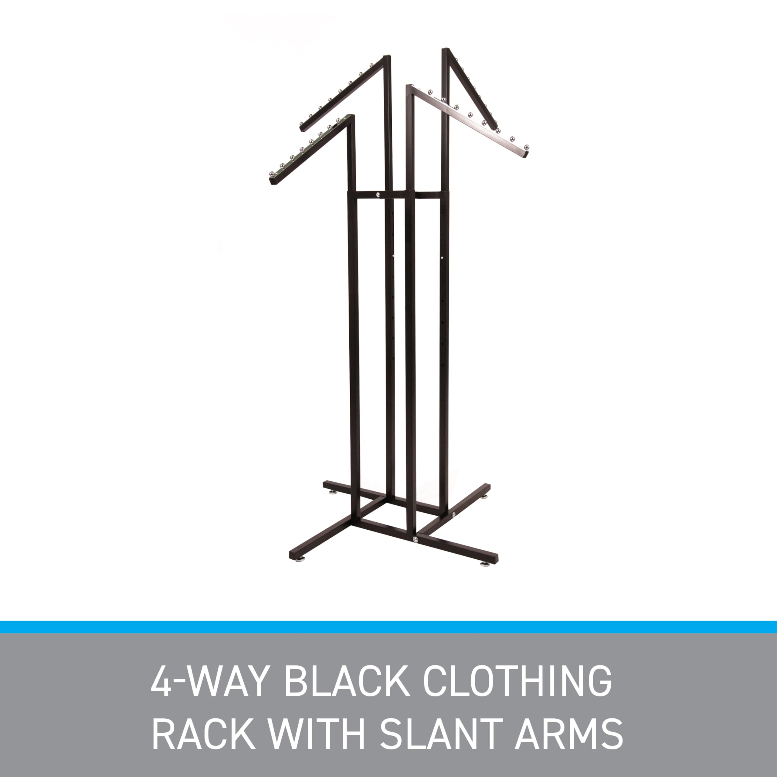 SSWBasics Black 4 Way Adjustable Clothing Rack with Slanted Arms - Retail Clothing Rack Display - Adjustable Height Arms from 48" to 72" Perfect for Clothing Stores