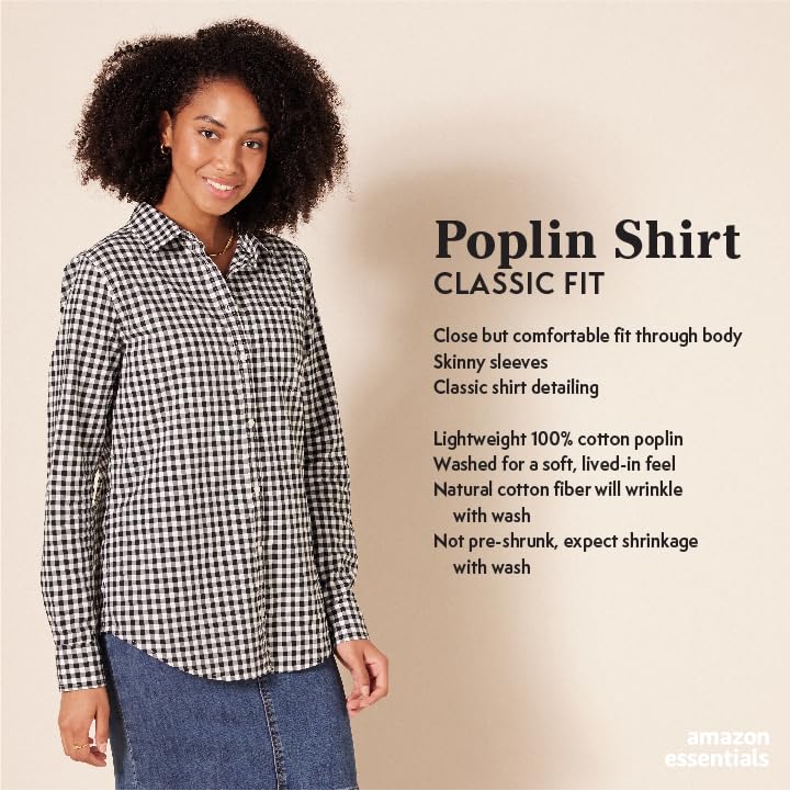 Amazon Essentials Women's Classic-Fit Long-Sleeve Button-Down Poplin Shirt, Black, X-Small