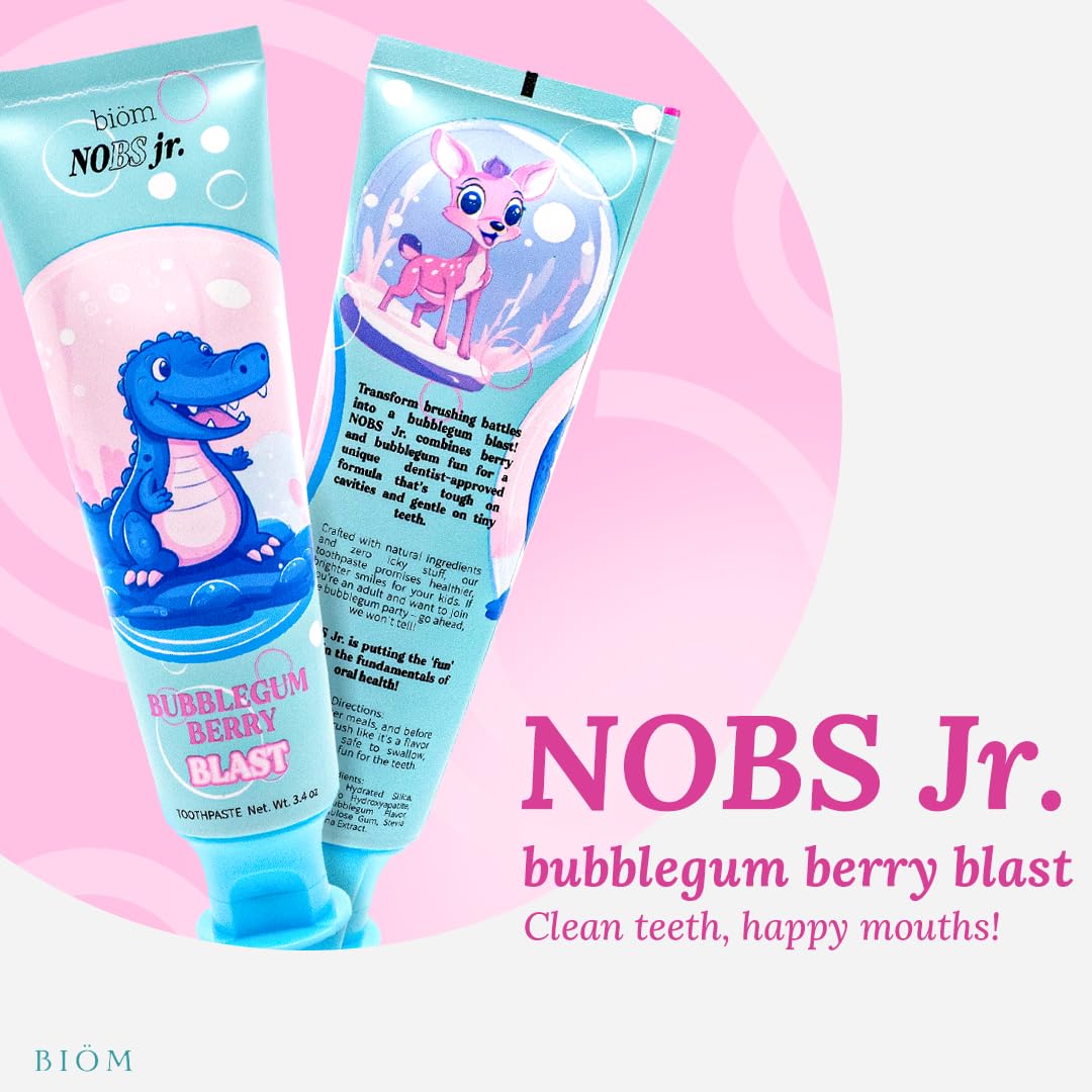 NOBS Jr. Kids Nano Hydroxyapatite Toothpaste – Fluoride Free, SLS-Free, Remineralizing - Dentist Formulated - Bubblegum Berry - Made in The USA