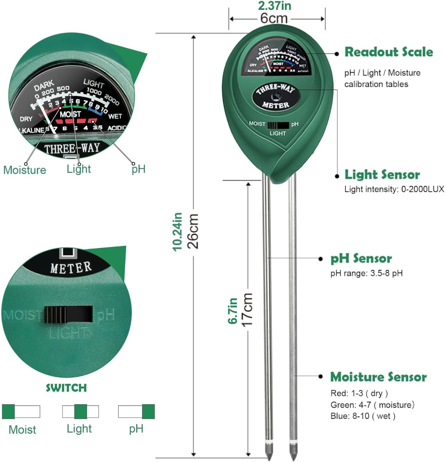 Maxsolve 2 Pack Soil Tester, 3-in-1 Plant Moisture Meter Light and PH Tester Garden Lawn Farm, Indoor and Outdoor Use, Soil Test Kit Acidity Water