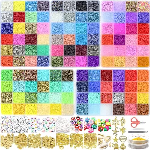 54000pcs Glass Seed Beads for Jewelry Making Kit, 120 Colors 2mm Small Beads with Letter Evil Eye Beads Jump Rings & Charms Pendants for Bracelets Making, DIY, Art and Craft
