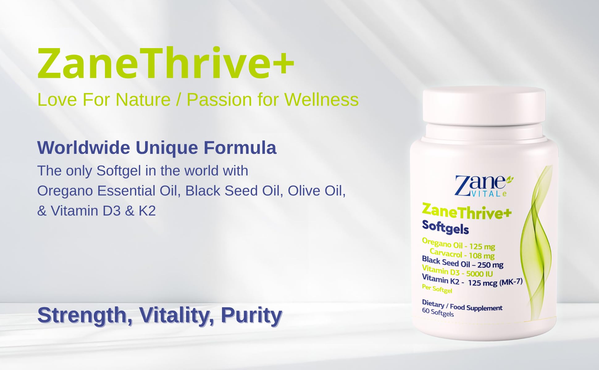 ZaneThrive+ Vitamin D3 & K2, Oregano Oil, Black Seed Oil Supplement - High Potency - Immune & Bone Wellness - with Carvacrol & Thymoquinone - Non-GMO, Gluten-Free - 60 Softgels by Zane Vital.