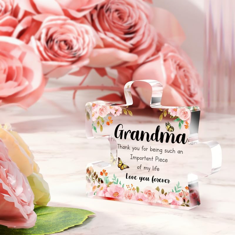 Gifts for Grandma - Delicate Grandma Birthday Gifts from Grandkids - Engraved Acrylic Puzzle Piece 3.9 x 3.3 inch - Mothers Day Birthday Christmas Gifts for Grandma Grandmother, Ideas