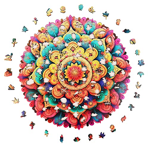 Colorful Mandala Wooden Puzzles for Adults, 200 Piece Unique Shaped Wood Jigsaw Puzzles for Adults and Kids, Fun Challenging Puzzles Family Game Gift, Medium 11.4'' x 11.1''