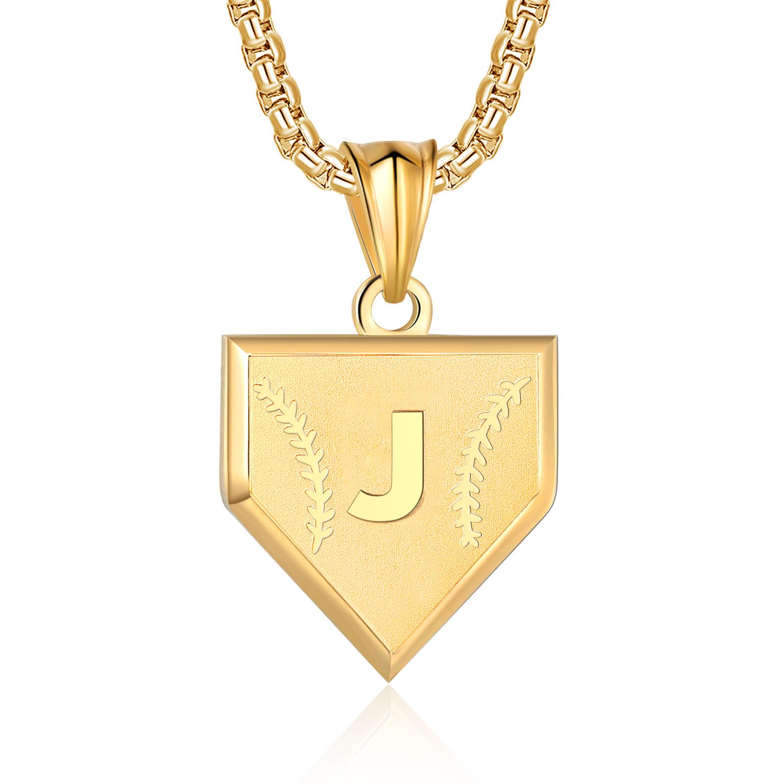 Initial A-Z Necklace for Boys Stainless Steel Letter Shield Pendant Box Chain 22+2 inch Inspirational Baseball Home Plate Necklace Baseball Jewelry Gift for Men(G-J) Over 18 years old