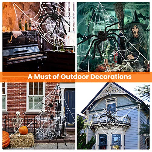 Bswalf Spider Webs Halloween Decorations Outdoor, 16.4 x 15.7 ft Triangular Spider Web + 50‘’ Scary Giant Spider, 20 g Stretch Cobwebs Outdoor Halloween Decorations for Outside Yard Garden Lawn Party