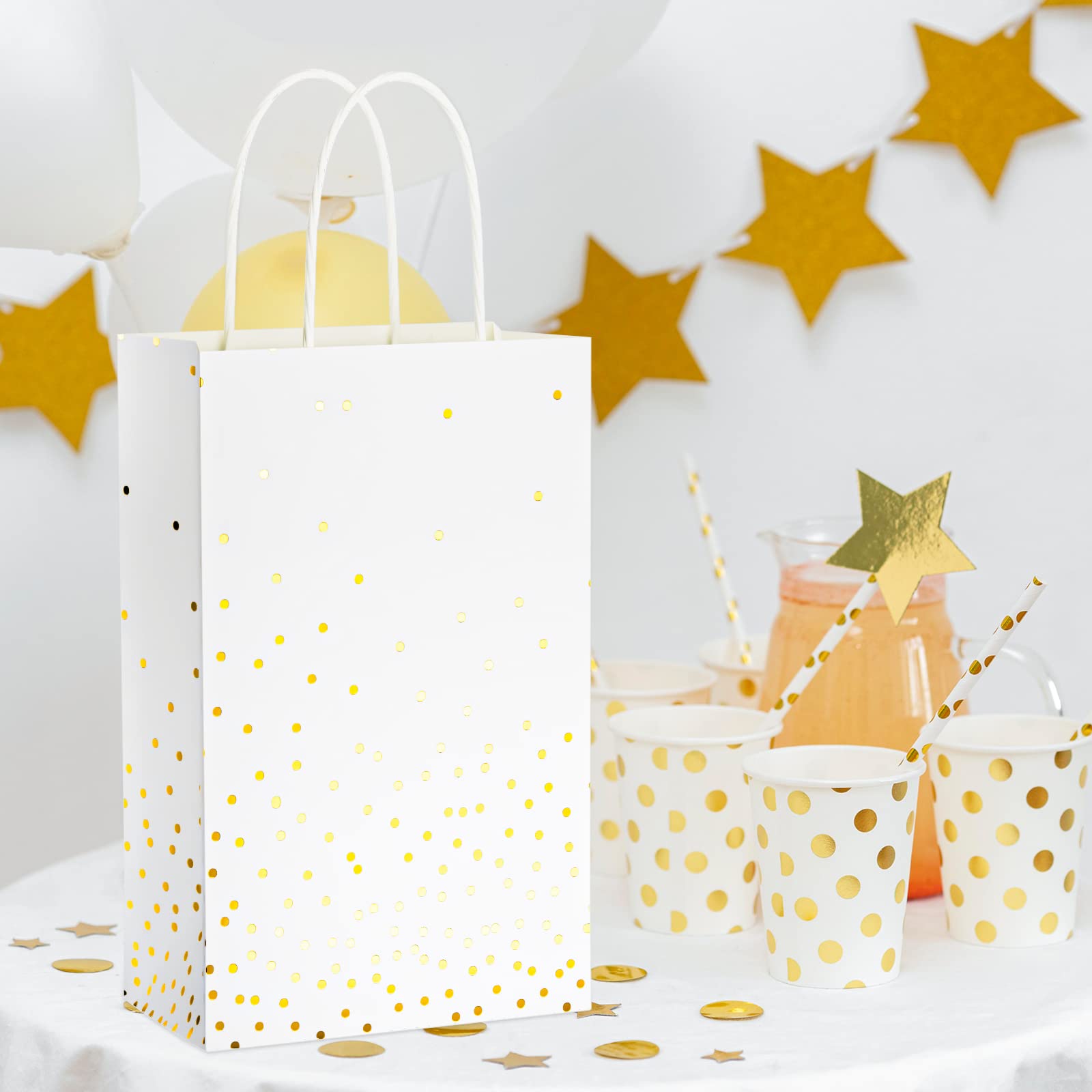 ECOHOLA 25 Pack White and Gold Gift Bags with Handles and Gold Foil Dots, Perfect for Bridal Party, Birthday Party, Wedding or Baby Showers
