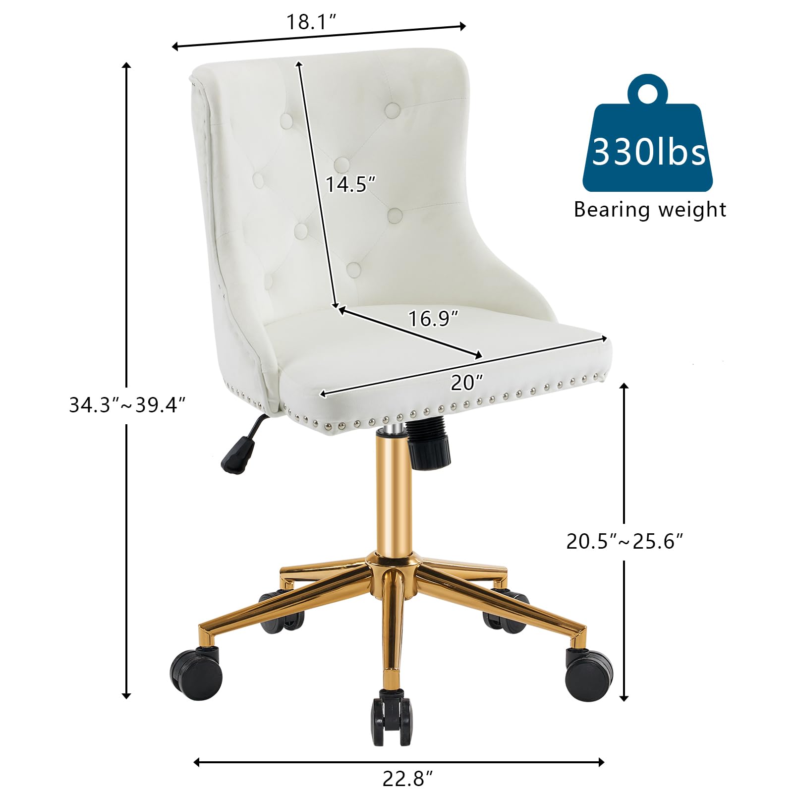 VINGLI White Velvet Armless Home Office Desk Chair with Gold Base/Wheels, Small Cute Vanity/Makeup Chair with Back for Bedroom, Upholstered Adjustable Rolling Swivel Nail Chair for Women/Girls