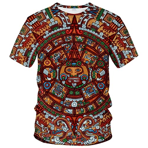 ARORALS Men's Aztec T-Shirt with Mayan Calendar Design Mexican Themed Printed Tee,Brown,M