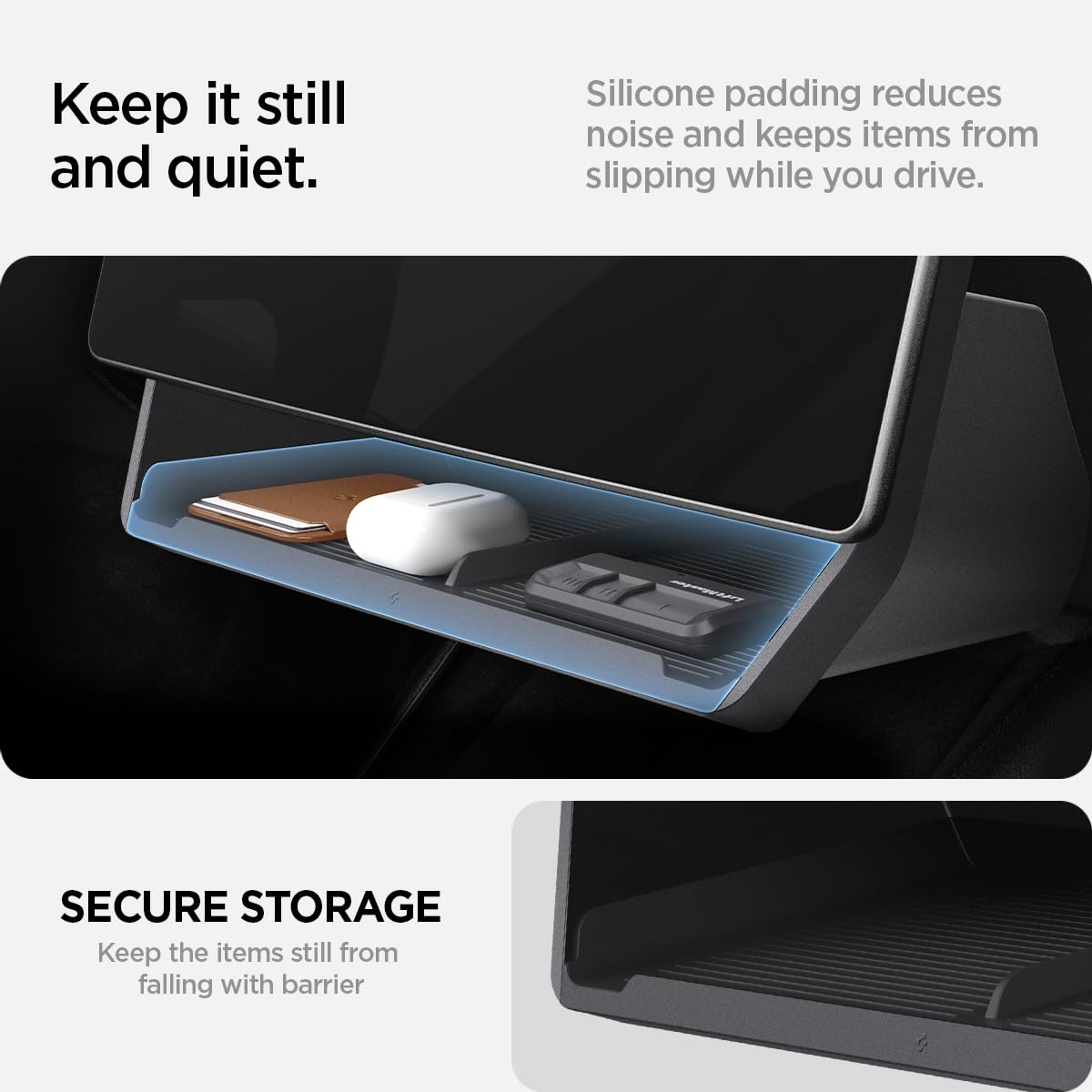 Spigen (Upgraded Under Screen Storage Organizer for Tesla Model Y Juniper (Standard, Premium & Performance 2025/2026) and Model 3 Highland (Standard, Premium & Performance 2024/25/26) - Black