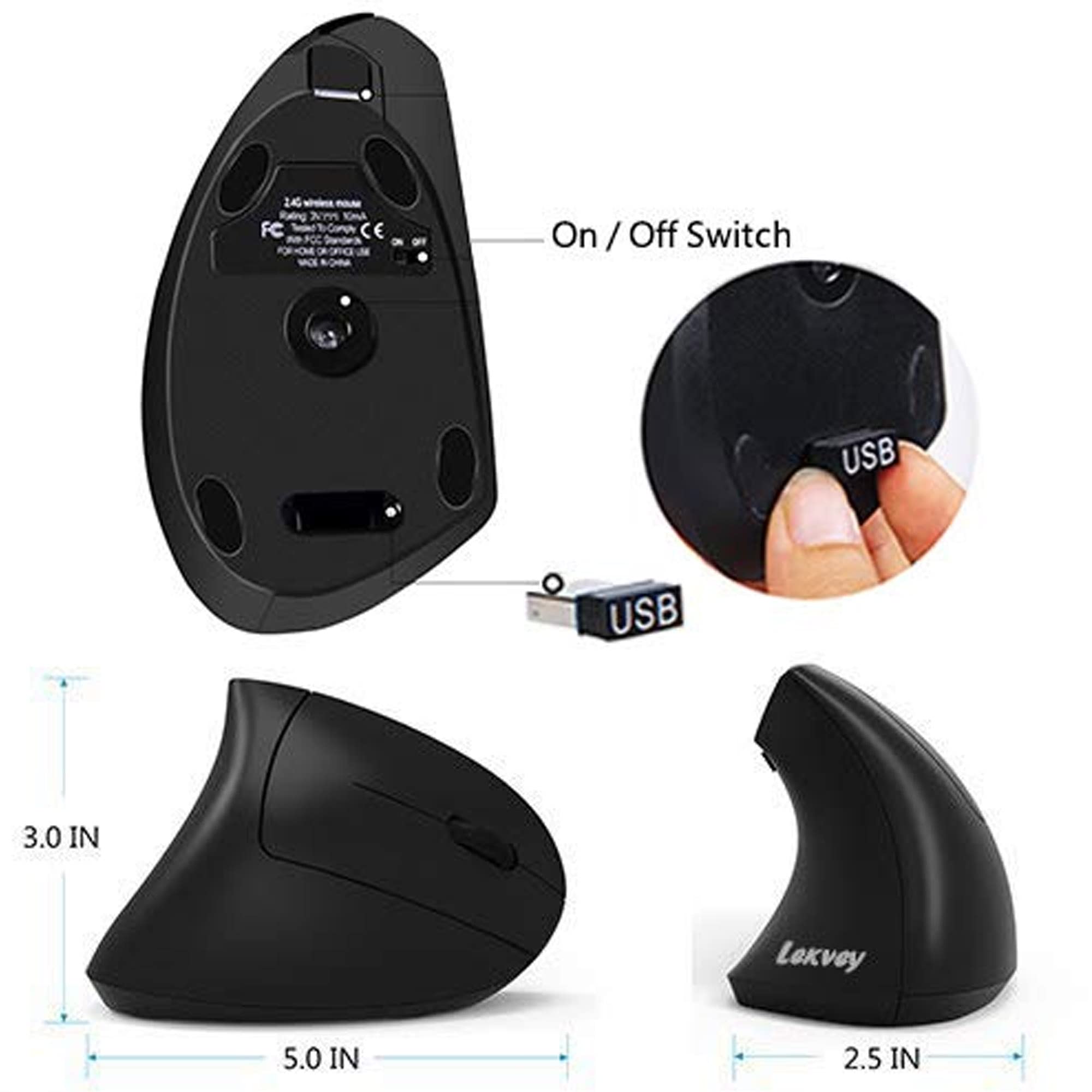 Lekvey Ergonomic Mouse, Vertical Wireless Mouse - Rechargeable 2.4GHz Optical Vertical Mice : 3 Adjustable DPI 800/1200/1600 Levels 6 Buttons, for Laptop, PC, Computer, Desktop, Notebook etc, Black