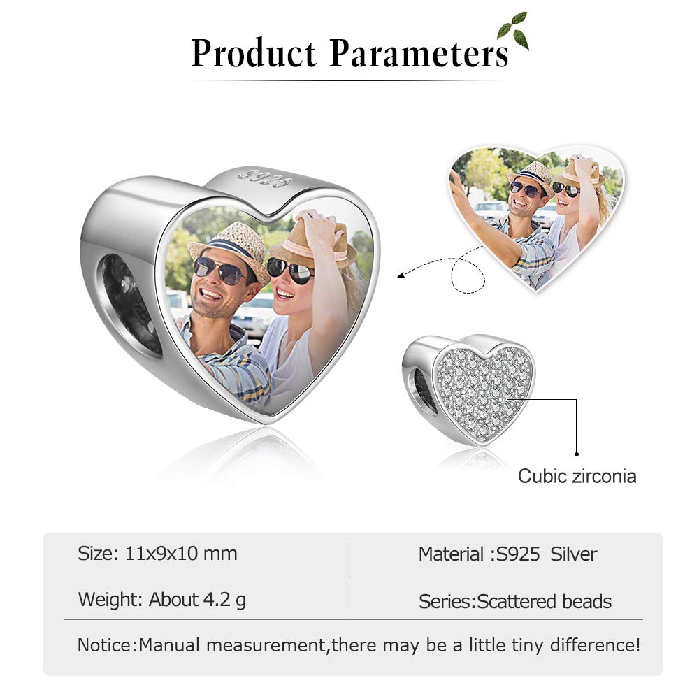 Qxun Custom Photo Charm Bead 925 Sterling SilverPersonalized Heart Picture with Loved Dear Charms Beads Fit Women Bracelet Necklace As Mother Daughter Present(Style 4)