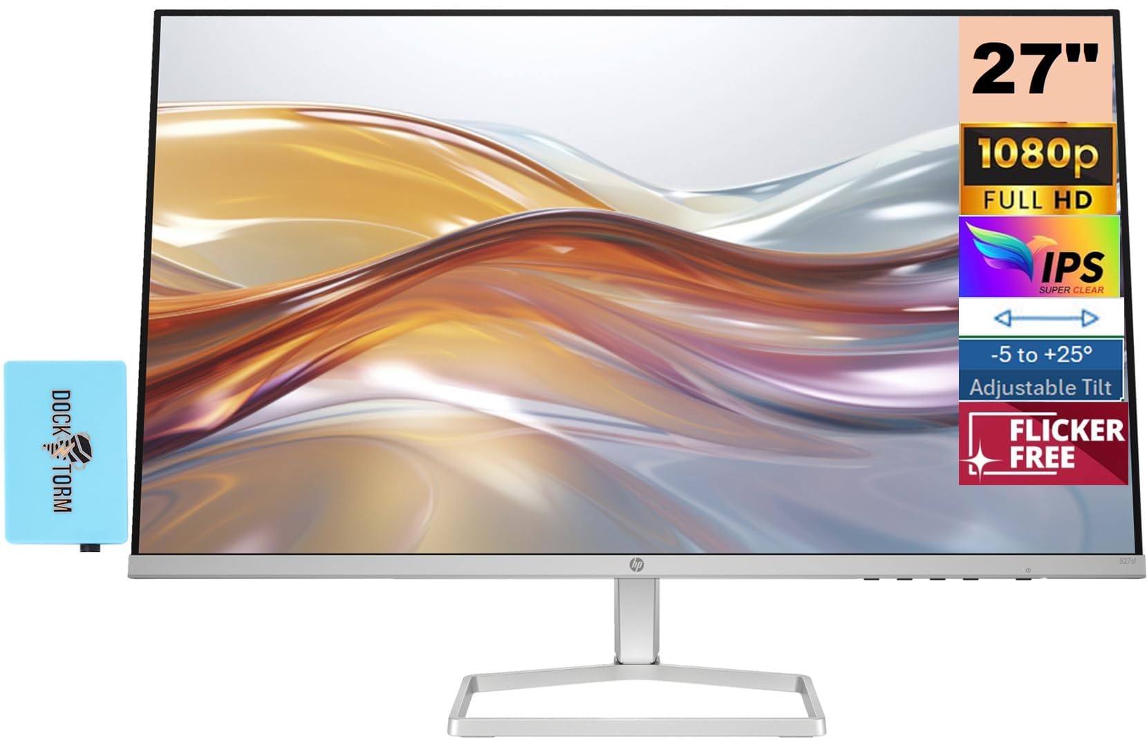 HP 27 inch 1080P Computer Monitor in Silver and Black, 27" Full HD (1920 x 1080) 75Hz Anti-Glare IPS Display with AMD FreeSync, 2 HDMI, 1 VGA, Highly Accurate Color (2025 Model) with Docztorm Dock