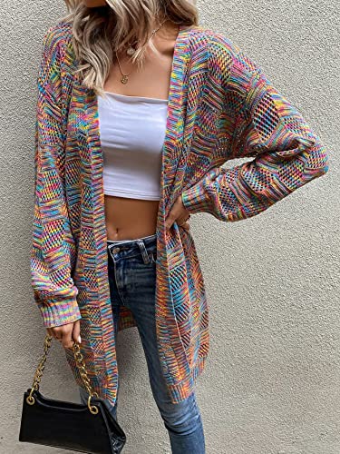 SweatyRocks Women's Color Block Long Sleeve Open Front Cardigan Sweater Knit Crop Top Colorful S