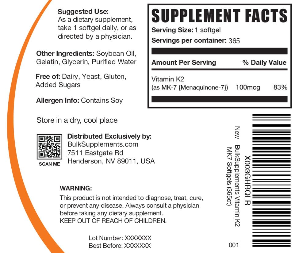 BulkSupplements.com Vitamin K2 Softgels - Vitamin K2 MK7, Vitamin K2 Supplement, Vitamin K2 100 mcg - MK7 Vitamin K2 for Bones, Gluten Free - 1 Softgel per Serving, 365 Softgels