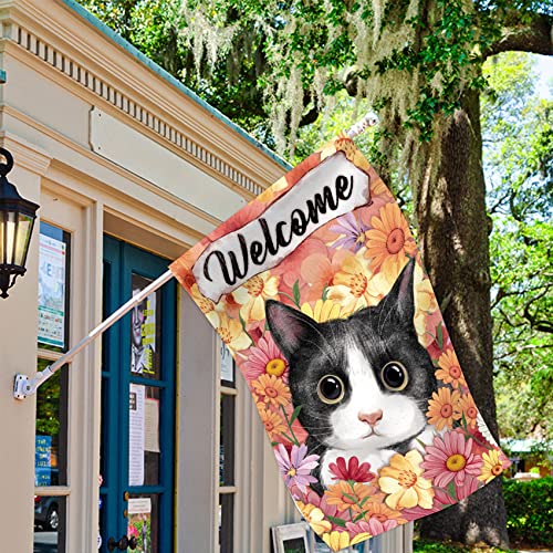 Morigins Welcome Floral Flowers Yard Flag Decorative Cute Kitty Spring Summer Double Sided House Flag 28x40 inch
