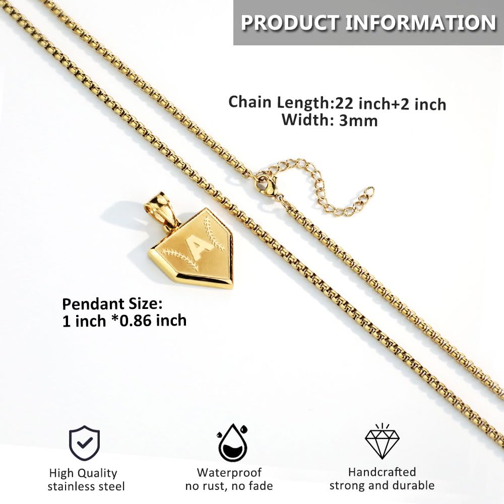 Initial A-Z Necklace for Boys Stainless Steel Letter Shield Pendant Box Chain 22+2 inch Inspirational Baseball Home Plate Necklace Baseball Jewelry Gift for Men(G-J) Over 18 years old