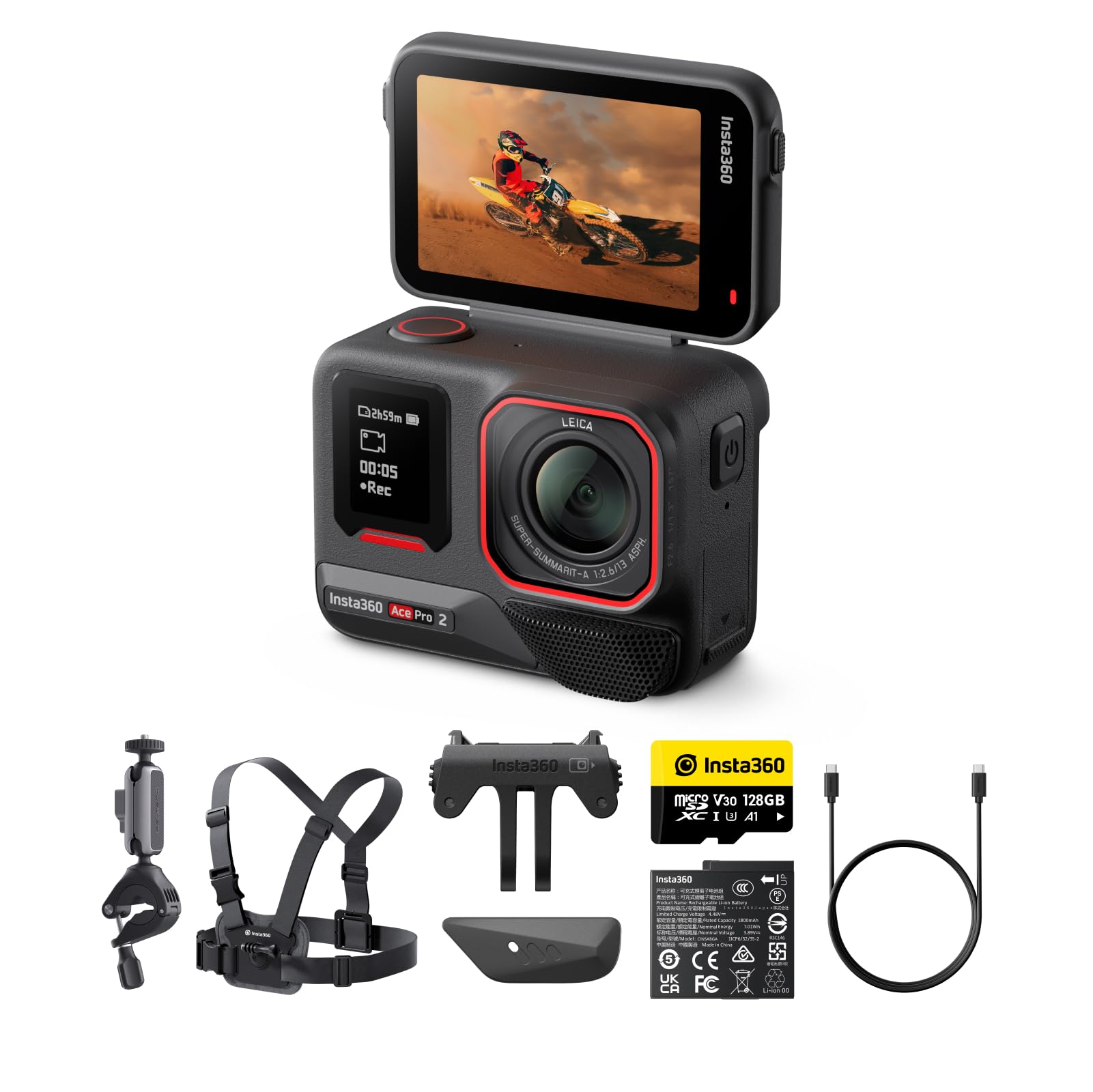 Insta360 Ace Pro 2 Bike Bundle -8K Waterproof Action Camera Co-Engineered with Leica, 1/1.3" Sensor, Dual AI Chip, Leading Low Light, Superior Audio, Flip Screen & AI Editing for Vlogs, Motorcycling