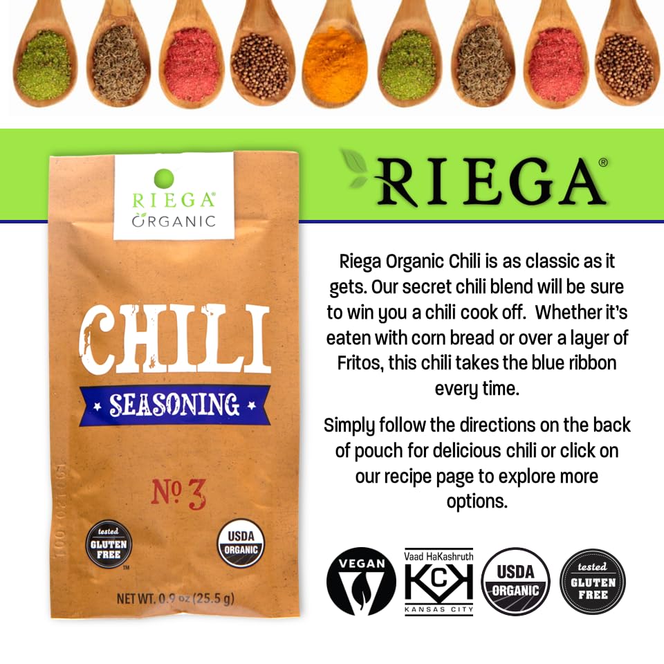 Riega Organic Chili Seasoning Mix – Bold Blue Ribbon Spice Blend, Slow Cookers, Soups & Stews – 0.9 oz (Pack of 8)