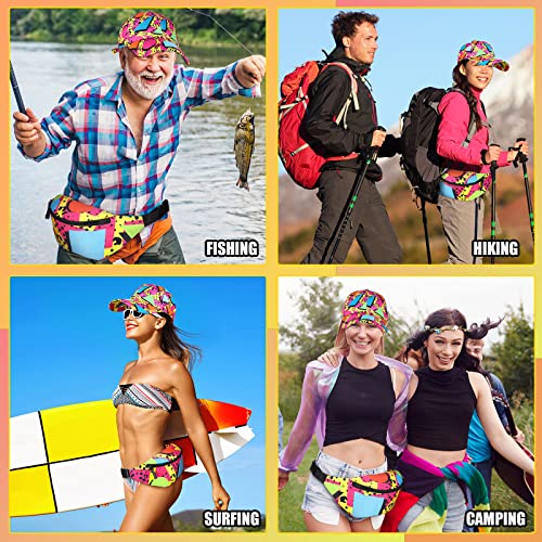 Sotiff 2 Pcs Retro 80s 90s Outfits for Women Men 80s Fanny Pack and Hat 90s Costumes Adjustable Waist Bag Bucket Hats for Themed Party(Bright Style)