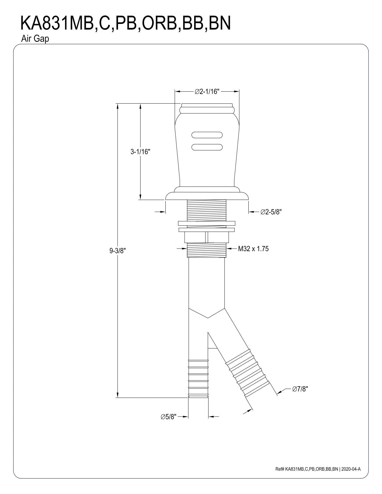 Kingston Brass KA831BN Trimscape Dishwasher Air Gap, Brushed Nickel