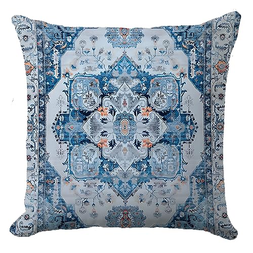 Ethnic Bohemian Pillow Covers 18X18 Inch - Vintage Beige Turkish Carpet Design with Delicate Blue Floral Accents, Decorative Cushion Case for Home Decor, Perfect for Living Room and Bedroom