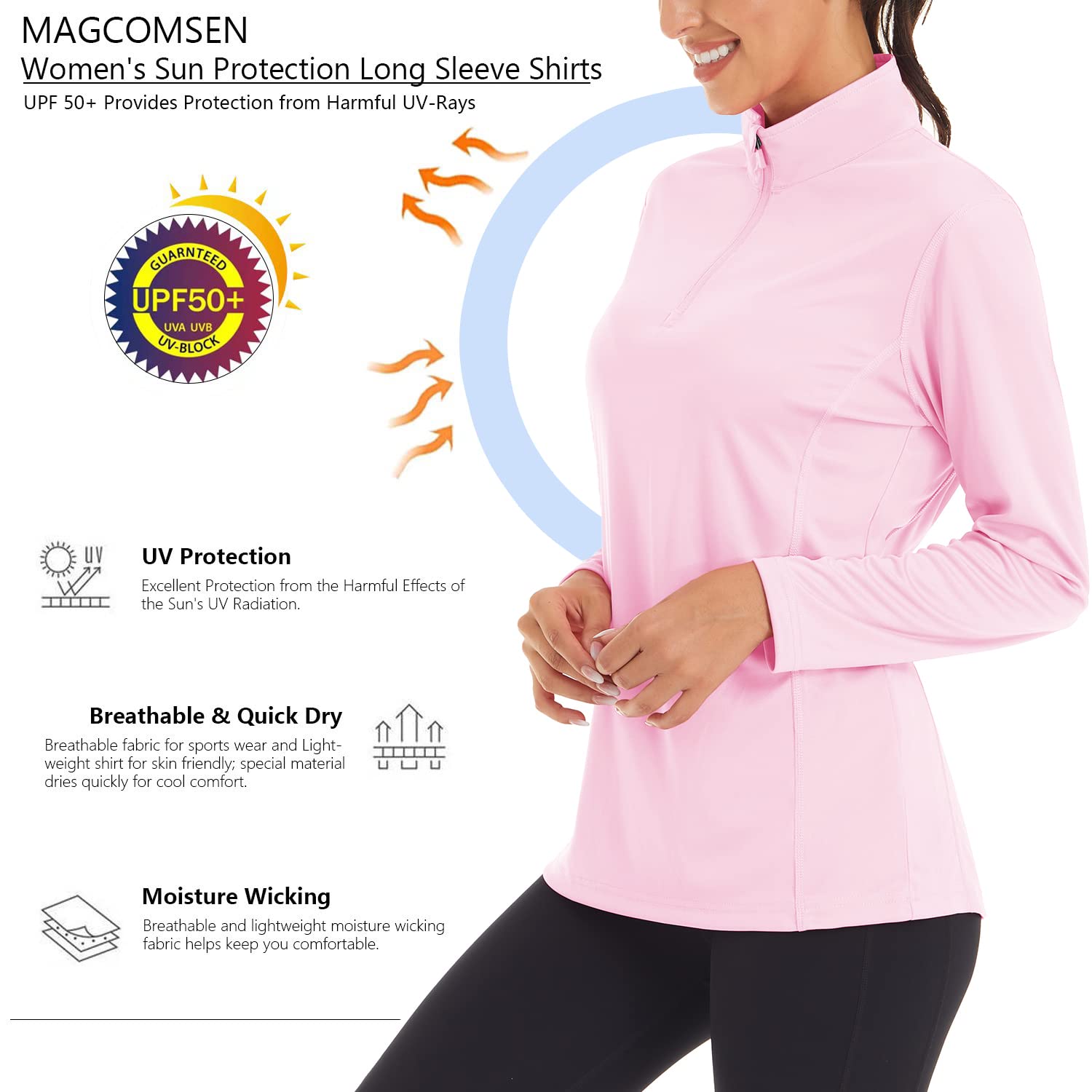 MAGCOMSEN Hiking Shirts for Women UPF 50+ Sun Protection Long Sleeve Half-Zip Workout Shirt Rashguard Athletic Shirts Running Shirts Pink