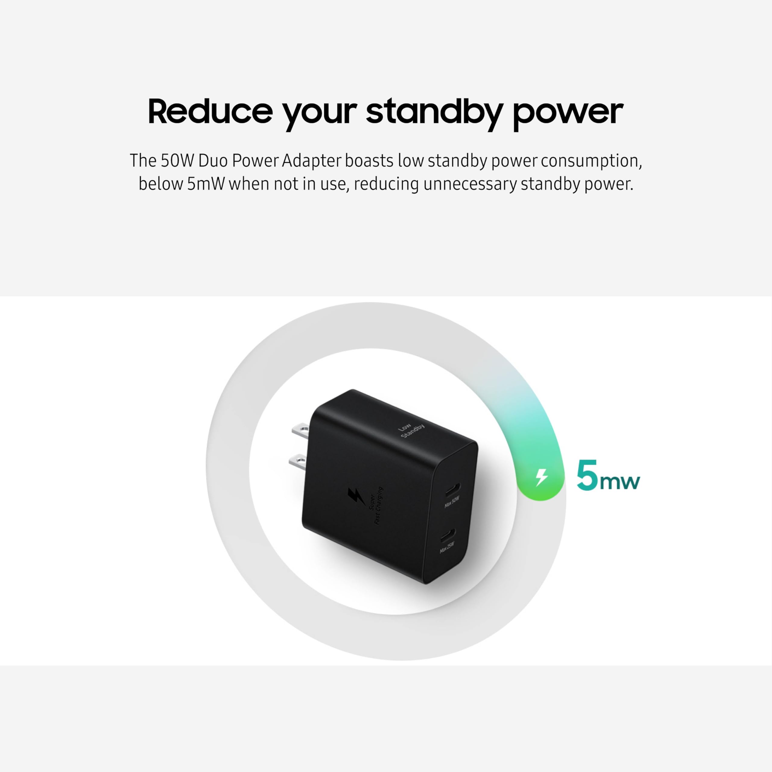 SAMSUNG 50W Duo Power Adapter Wall Charger, 2 Ports, Cable Included, Super Fast Charging 2.0 for Galaxy Phones, Tablets, USB Type C Devices, Low Standby Power Consumption, EP-T5020XBEGUS, Black