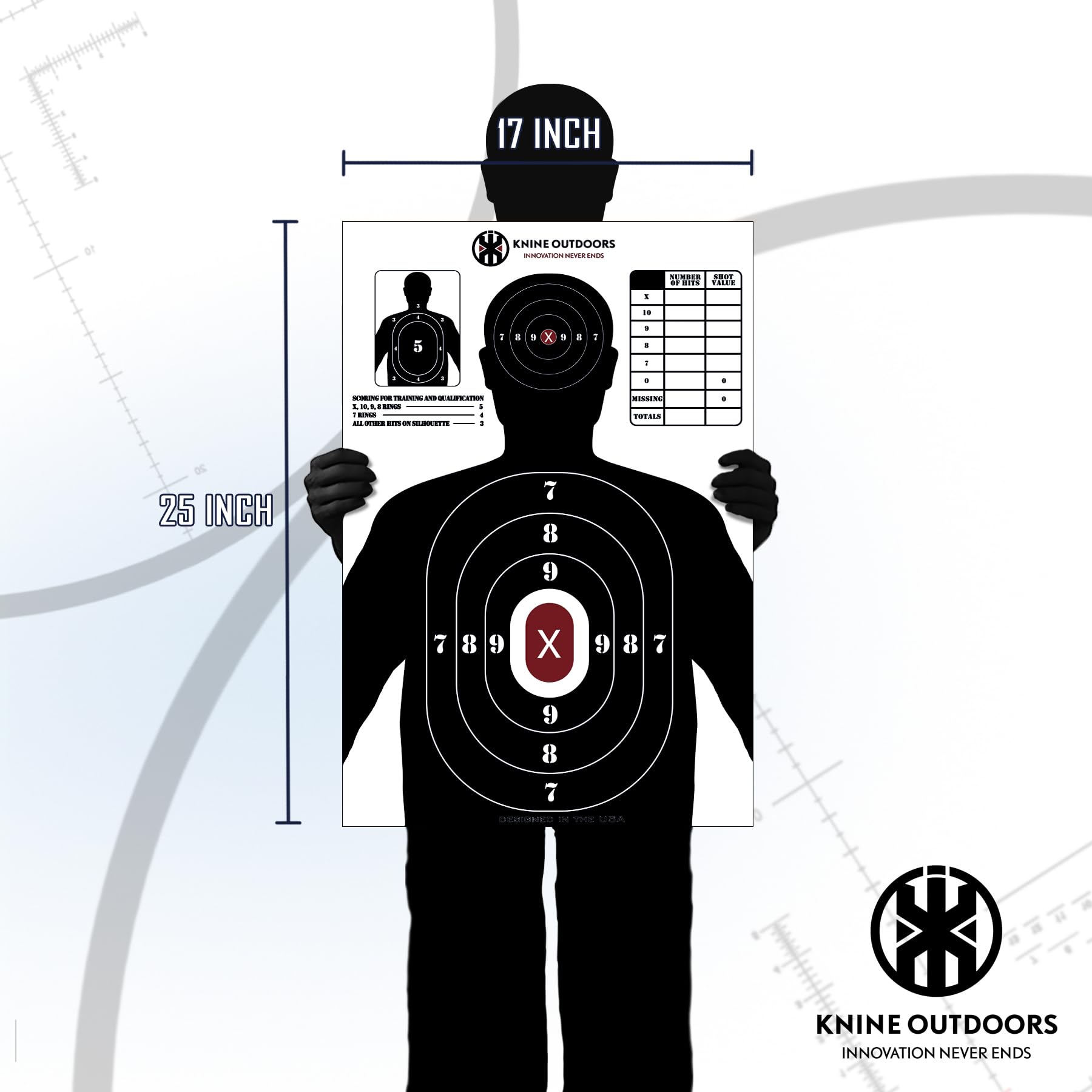 KNINE OUTDOORS Shooting Targets Paper, 17x25 inch, Bulk for Hunting, Handguns, Pistols, Rifles, Silhouette with Red Bullseye, Black Design (25 Pack)