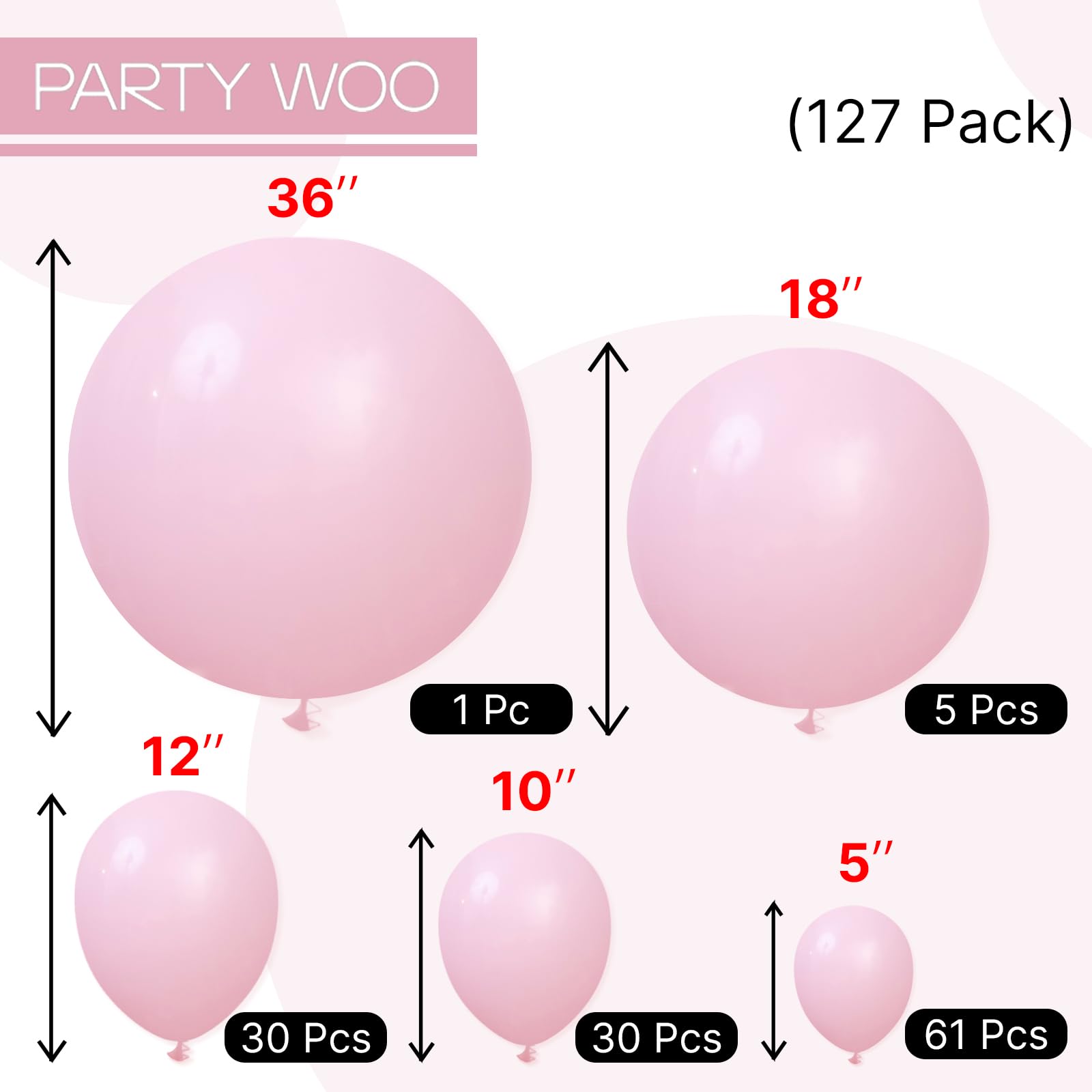 PartyWoo Light Pink Balloons 127pcs Different Sizes of 36 18 12 10 5 Inch Pastel Pale Baby Pink Balloon Arch Kit for Baby Shower Bachelorette Bridal Shower Birthday Party Decorations Pink-Y48