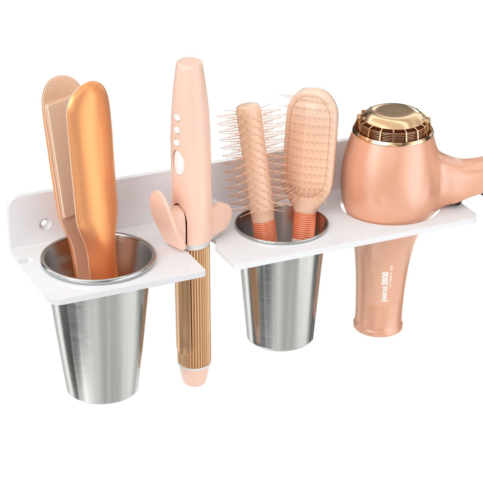 HIIMIEI Hair Tool Organizer Wall Mount, White Acrylic Hot Tool Holder with 2Cups, Bathroom Hair Styling Accessories Storage Organizer for Flat Iron, Blow Dryer, Curling Wand