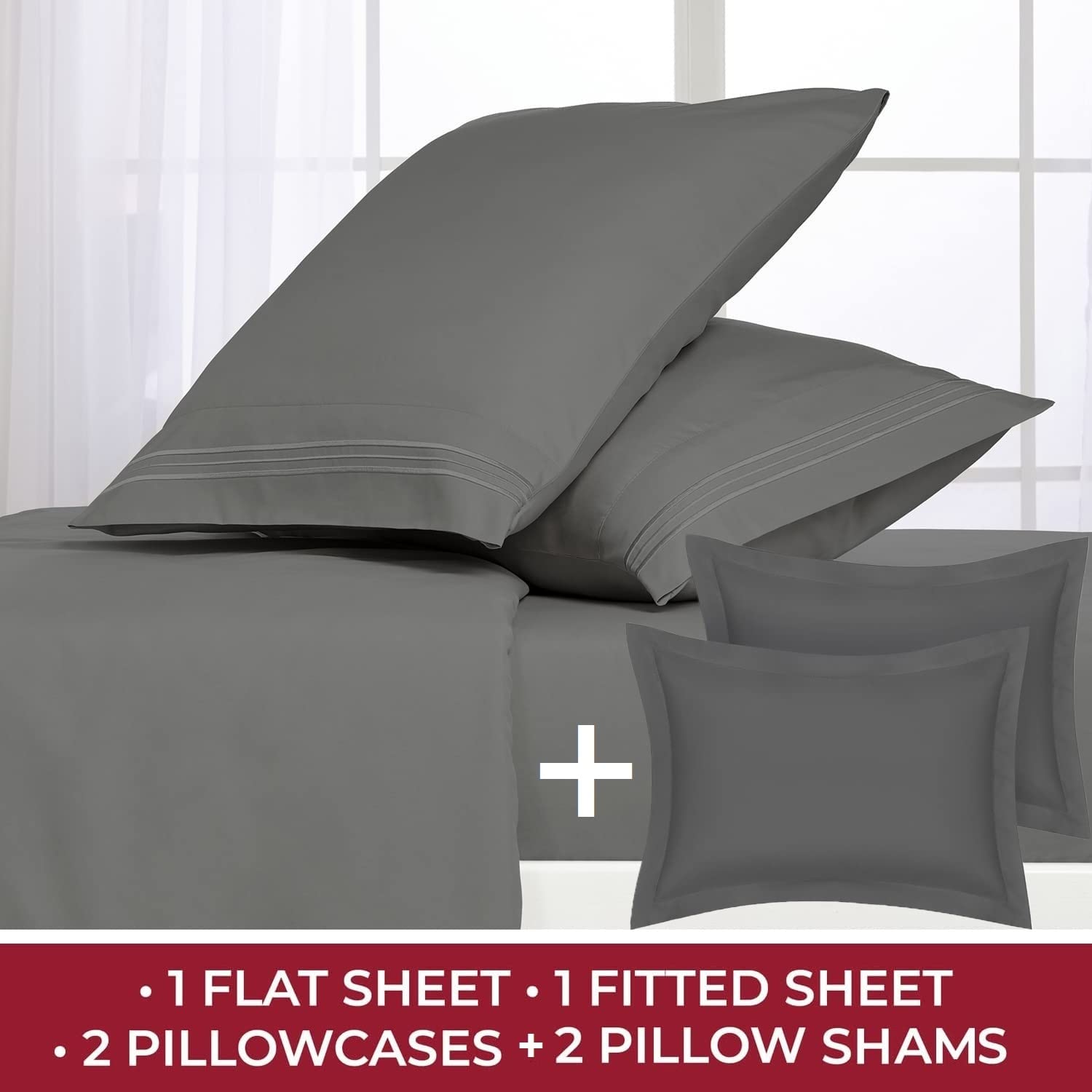 Mellanni Bed Sheet Set + 2 Pillow Shams Bundle&Save - Hotel Luxury Bedding Sheets & Pillowcases - Bundle Includes: 4pcs Bed Sheet Set and 2 Pillow Shams with 2" Flange (Queen, Gray)