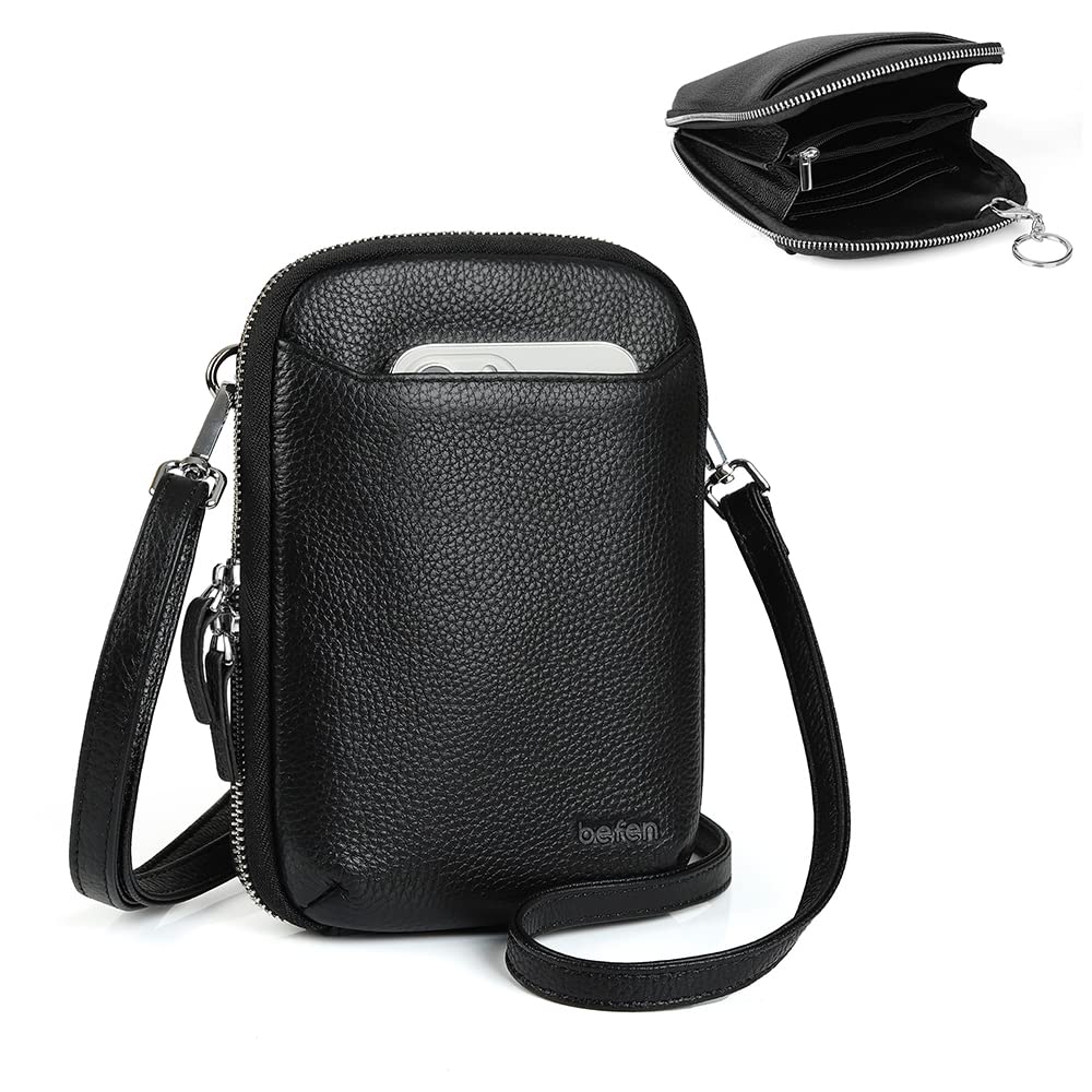 befen Genuine Leather Black Leather Small Crossbody Phone Bags for Women Mini Wallet Purse RFID Crossbody Bags for Women - Fit iPhone 15 Pro Max
