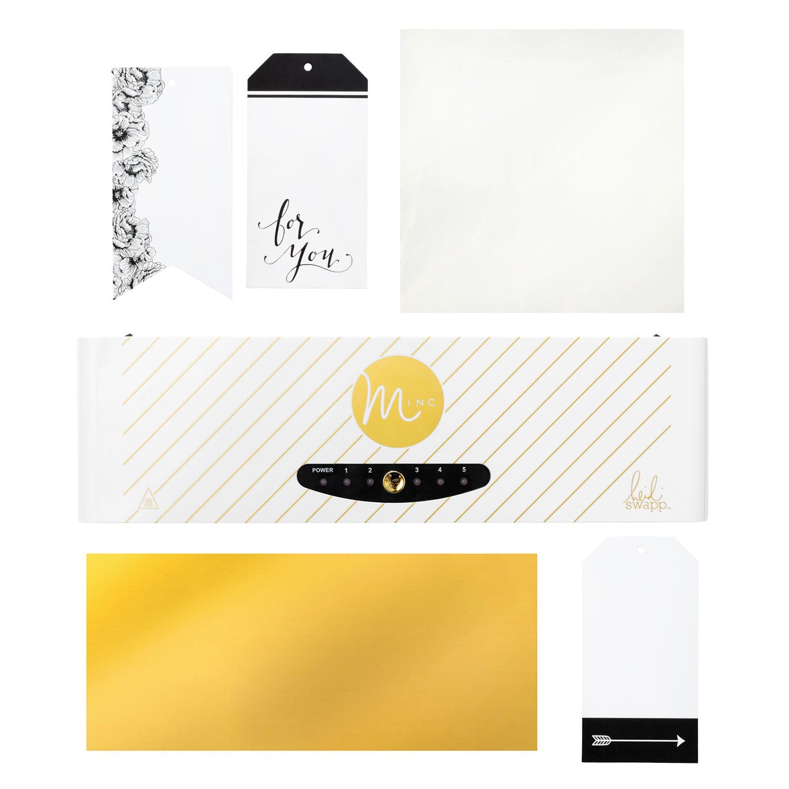 Heidi Swapp Minc Wheel Foiling Machine Laminator Applicator & Starter Kit,12 inch, White, Includes Transfer Folder, Gold Foil Sheet and 3 Tags, Make Cards, Invitations, and More