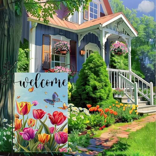 Welcome Garden Flags, Butterfly Tulip Garden Flag, 12x18 Inch Vertical Double Sided Burlap, Summer Porch Garden Flag, Outdoor Yard House Decor (Only Garden Flag)