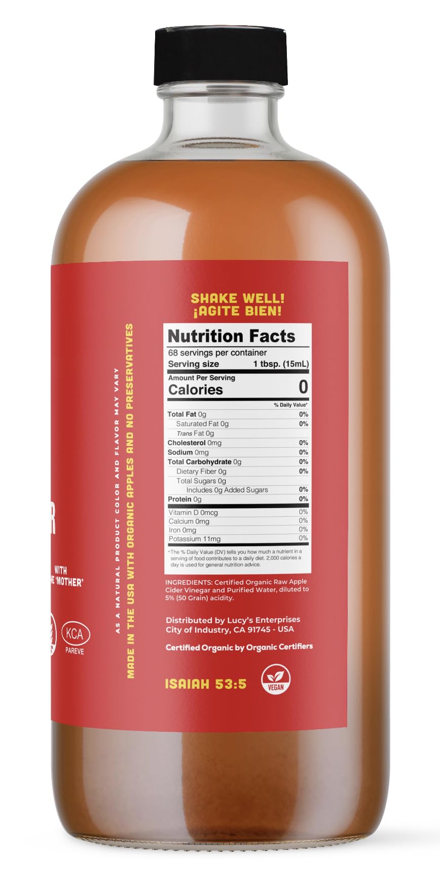 Lucy's Family Owned - 34oz. GLASS BOTTLE (2 PACK) Organic, With the Mother, Apple Cider Vinegar, Unfiltered, Unpasteurized, Raw, and NonGMO