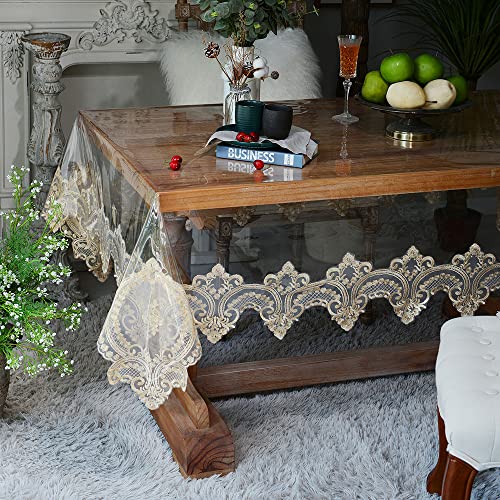 SUTAVIA Round Clear Vinyl lace Tablecloth 100% Oil Proof Waterproof Spill Proof Table Cloth Transparent PVC Table Protector Heavy Plastic Table Cover (Champagne,60" Round)