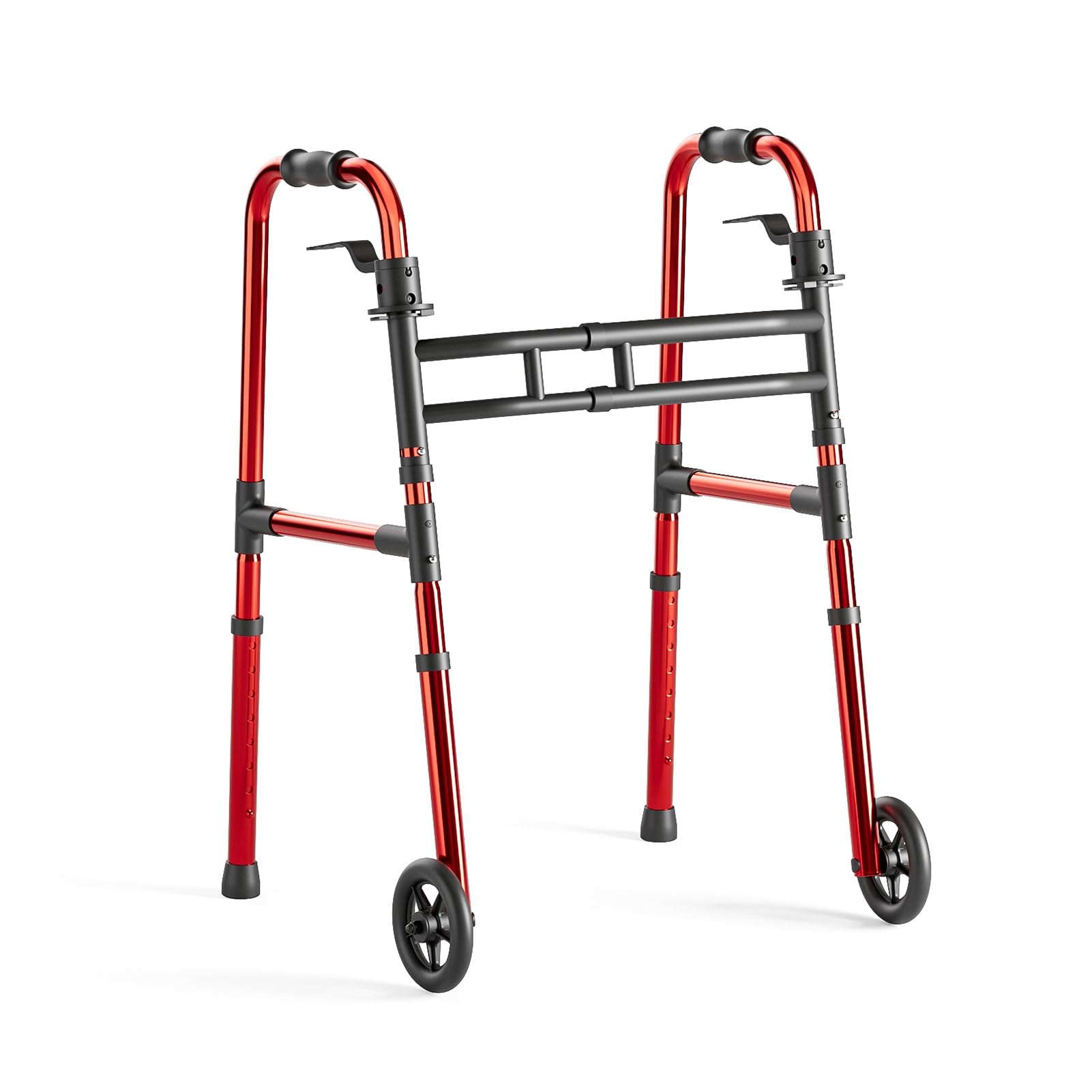 Loyoda Walkers for Seniors Foldable, Aluminum Lightweight Walker with Wheels, Adjustable Height & Width Standard Walkers for Elderly & Disabled, 350 lbs Capacity, Red