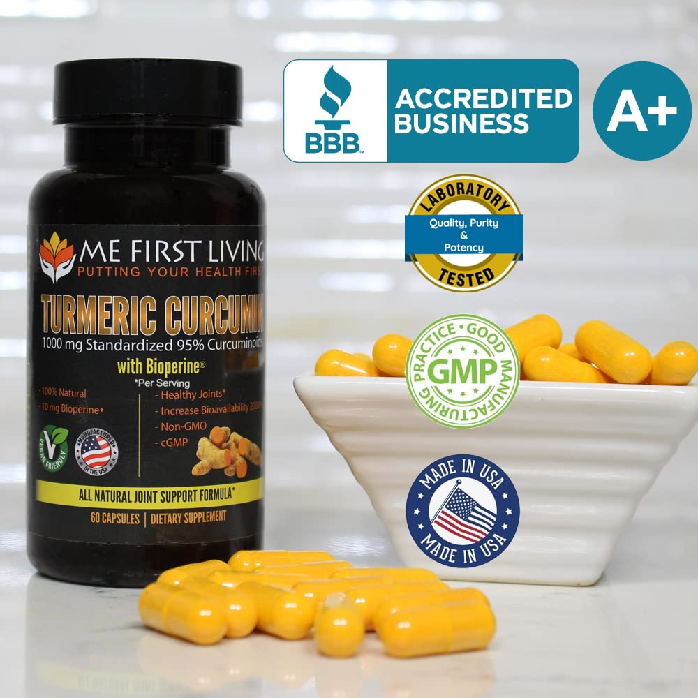 Me First Living Turmeric Curcumin 1000 mg 95% Curcuminoids, Bioperine 10 mg, 19x More Potent Than Others, Increased Absorption, Non-GMO, Organic Turmeric, Vegan, Gluten Free, 60 Capsules