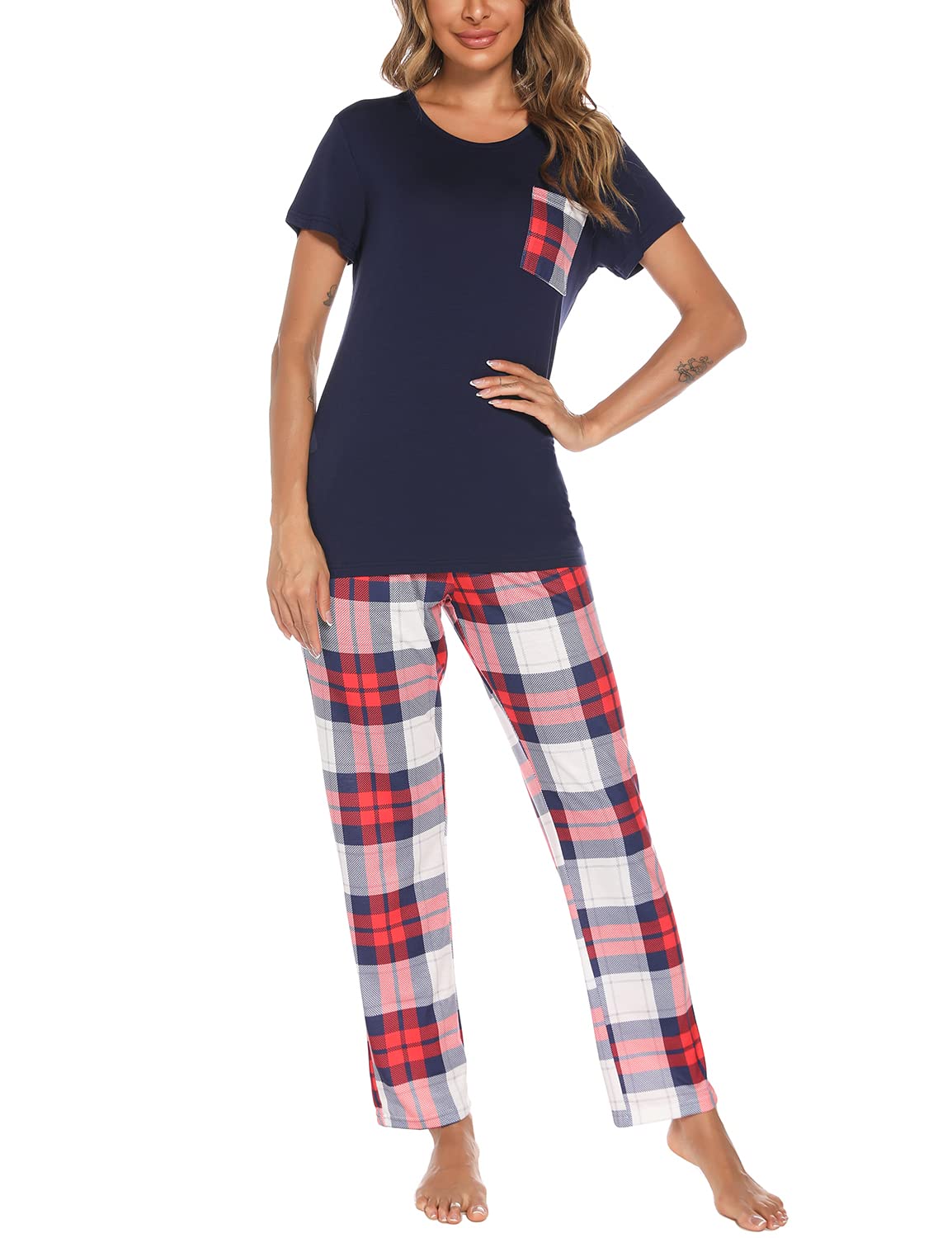 EISHOPEER Womens Red and Navy Classic Plaid Soft Short Sleeve Top and Long Pants Sleepwear Pjs Sets X-Small