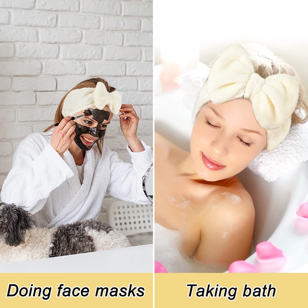 Shintop Spa Headband Soft Carol Fleece Makeup Headband with Cute Bow Elastic Hairand for Washing Face Skincare Facial Mask Bath Gift(Creamy White)