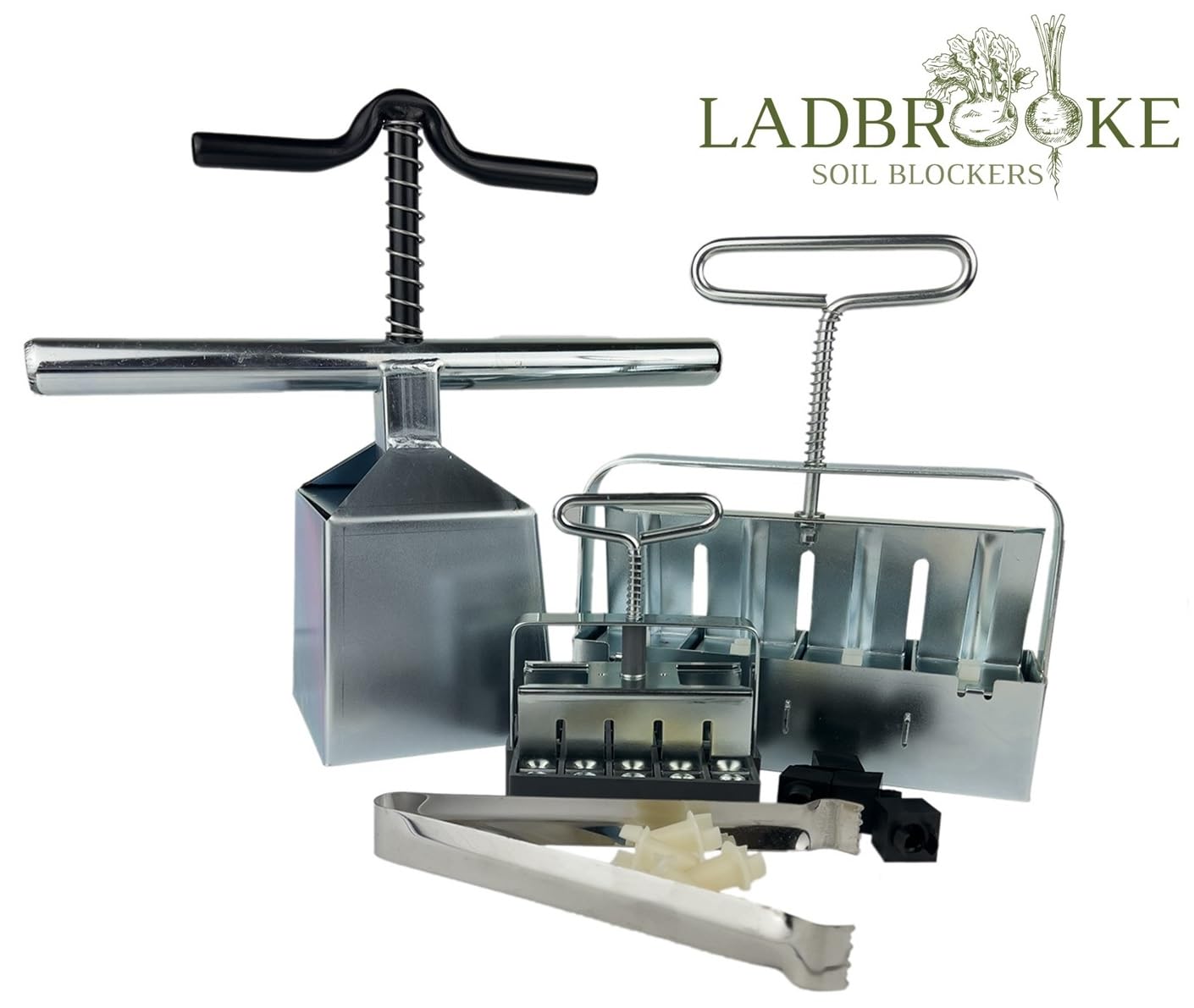 Ladbrooke Authentic Soil Block Maker - 6-Pc. Master Grower Nesting System Includes Maxi, Mini 4, Micro 20, Cubic Inserts, 7/8" Seed Dibbles, and Grow Tweezers, Made in England