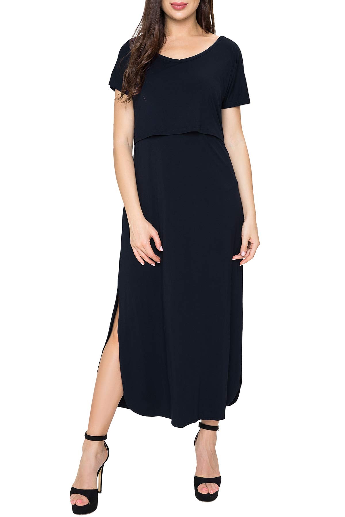 Smallshow Women's Maternity Nursing Dresses Split Long Dress for Breastfeeding Medium Black