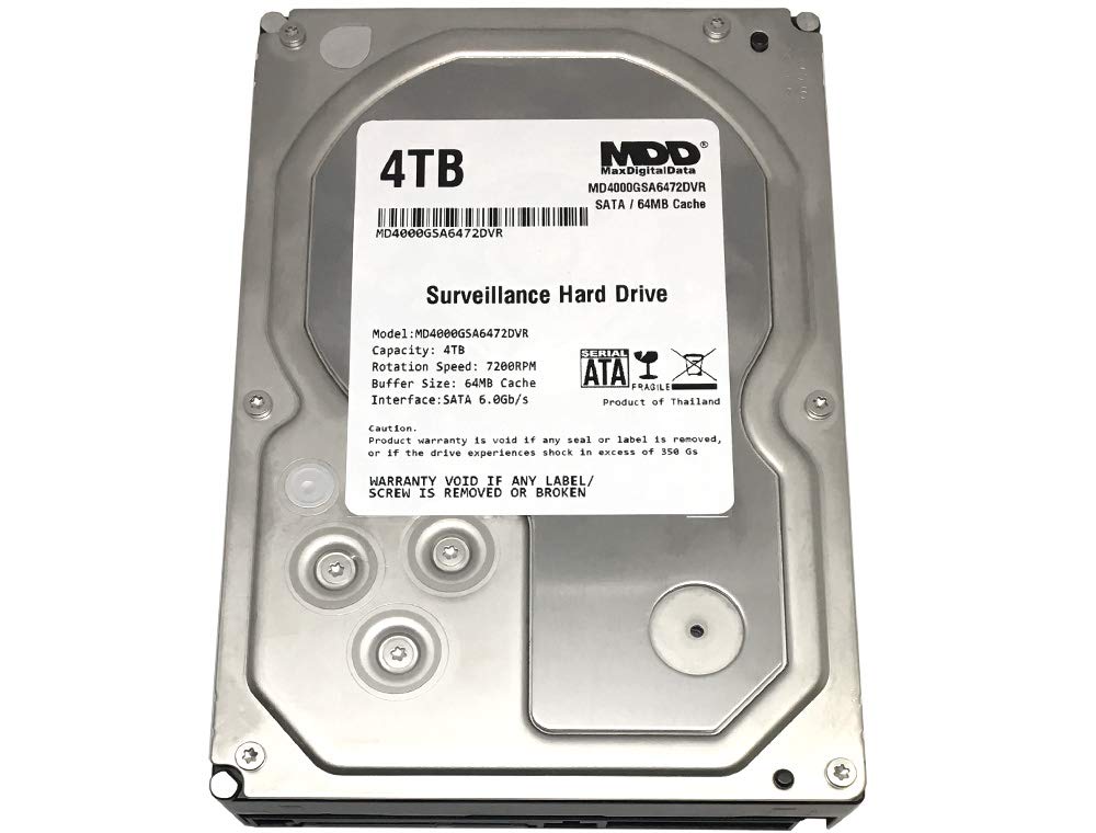 MaxDigitalData 4TB 64MB Cache 7200PM SATA 6.0Gb/s 3.5in Internal Surveillance CCTV DVR Hard Drive (MD4000GSA6472DVR) - w/ 2 Year Warranty, Mechanical Hard Disk