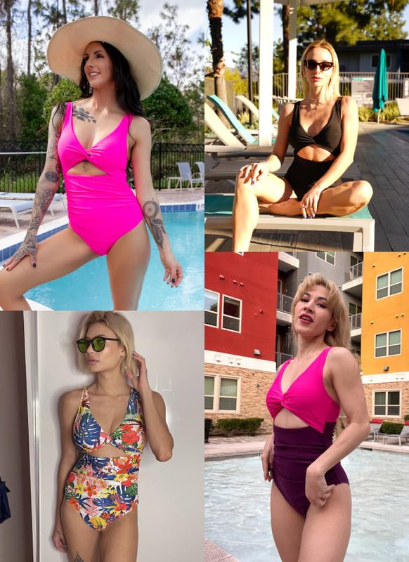 AI'MAGE Women's One Piece Swimsuit High Waisted Bathing Suit Cutout Monokini V Neck Swimwear, Red, Medium