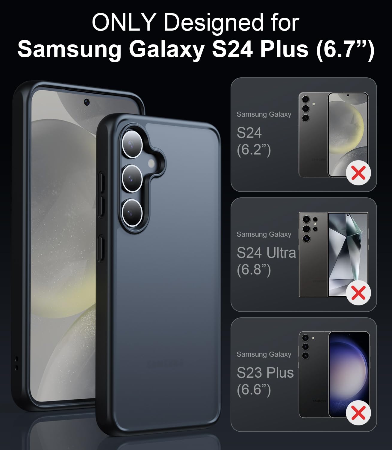 Raelmila Shockproof Designed for Samsung Galaxy S24 Plus Case, 12FT Military Grade Drop Protection, Slim Semi-Clear Matte Hard Back & Soft Edge Galaxy S24+ Case 6.7'', Black