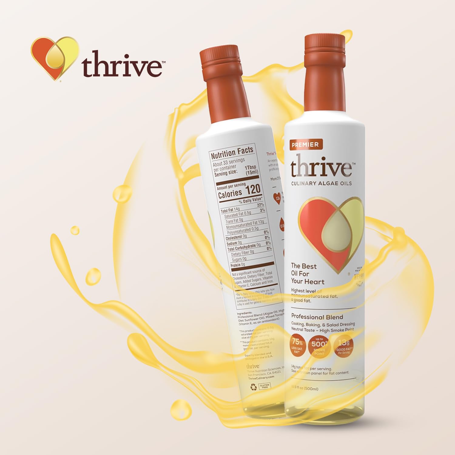 Thrive Algae Cooking Oil - Heart and Health-Conscious Cooking Oil, Rich in Omega-9 Monounsaturated Fat, Premier Blend, 16.9 fl oz